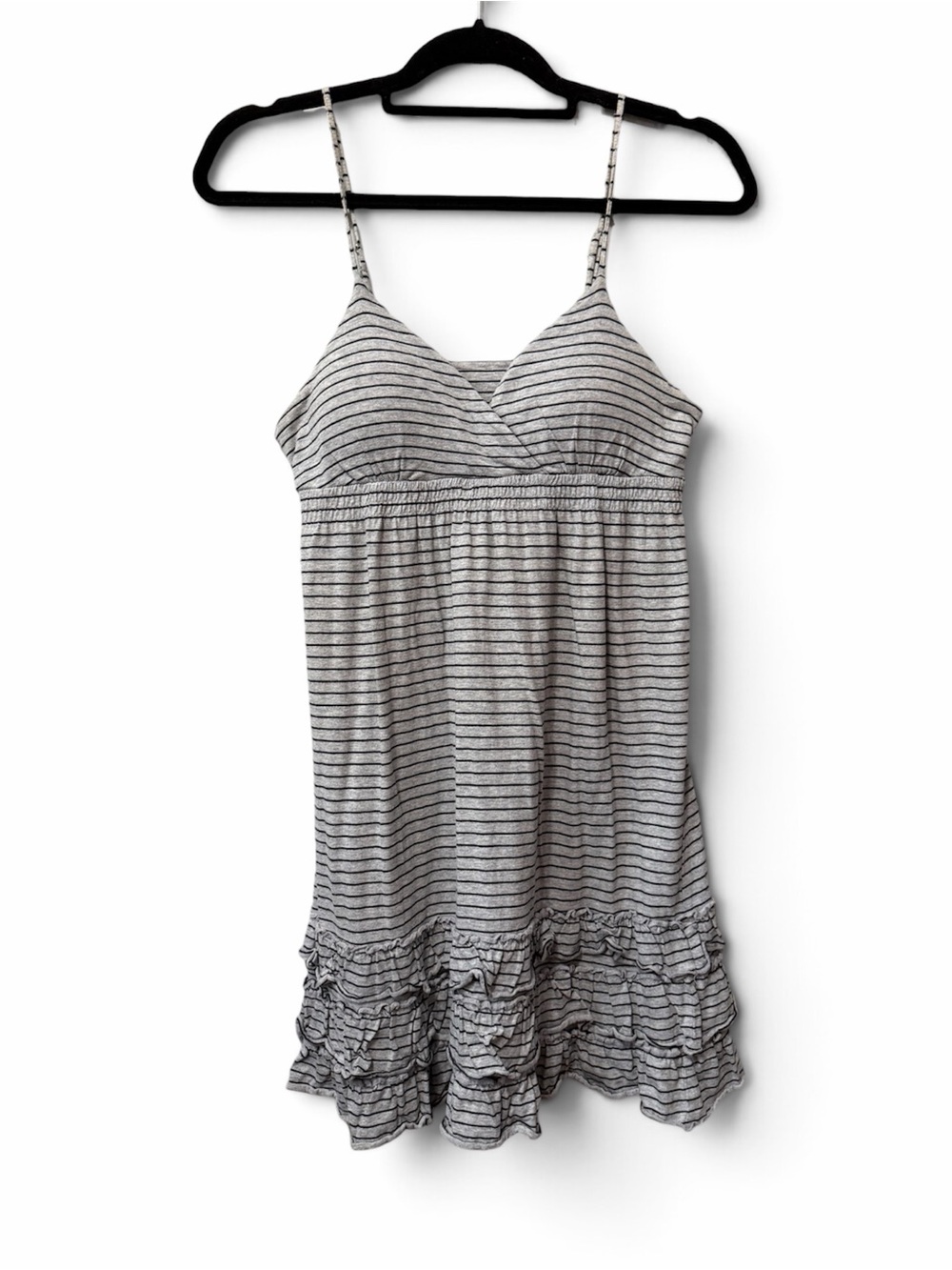 Pink Rose Striped Ruffle Mini Dress in Gray and Black Size M